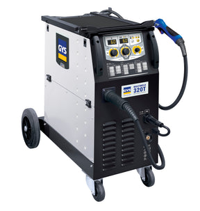 GYS Multiweld 320T welder on a wheeled cart with blue MIG gun and control panel.