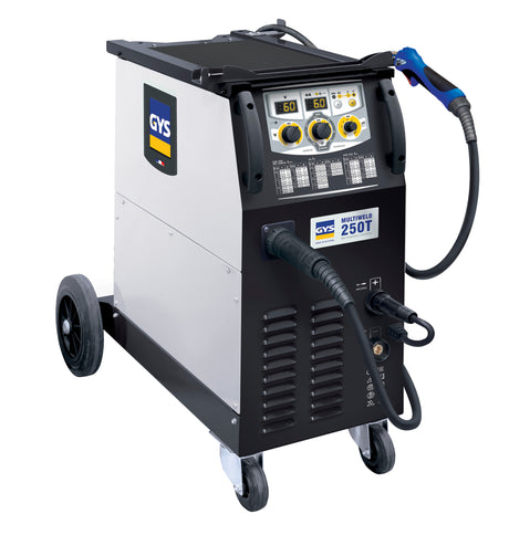 GYS Multiweld 250T welder portable inverter with wheels and welding torch.