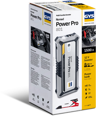 Booster Pro 801 battery charger power bank by GYS on box, compact multi-function booster