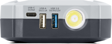 Booster Pro 801 power bank by GYS; gray portable charger with USB-C and USB-A ports and built-in LED light