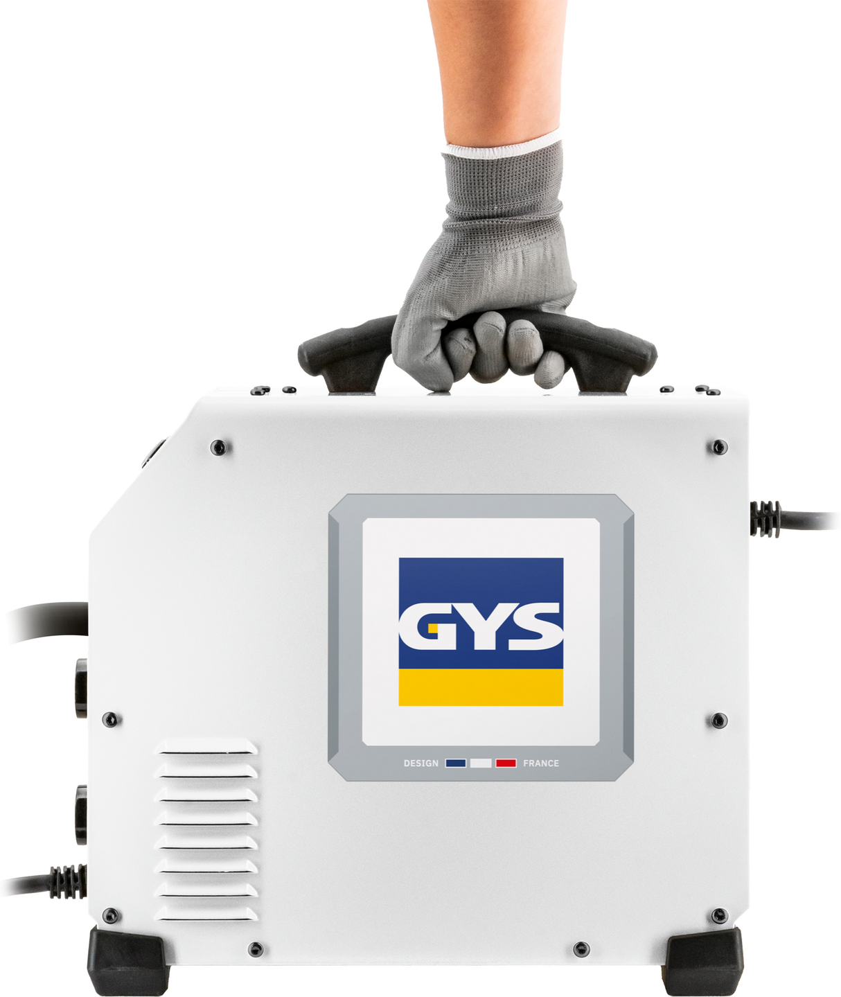 GYS EasyMIG 130 welder with accessories; white compact unit gripped by gloved hand on top handle