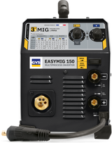 GYS EasyMIG 150 welder with accessories, front panel view showing control knobs, logo and cable connectors.