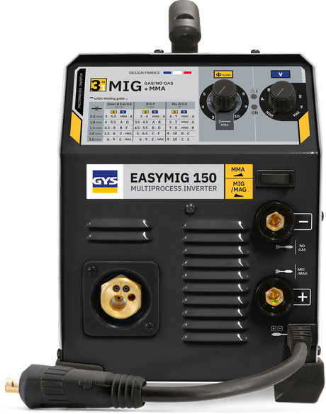 GYS EasyMIG 150 welder with accessories, front panel view showing control knobs, logo and cable connectors.
