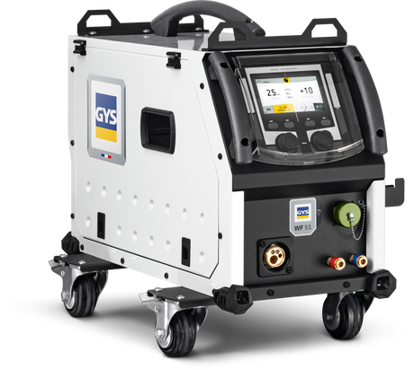 GYS WF 51 wire feed unit for welding with wheeled stand and digital control panel.