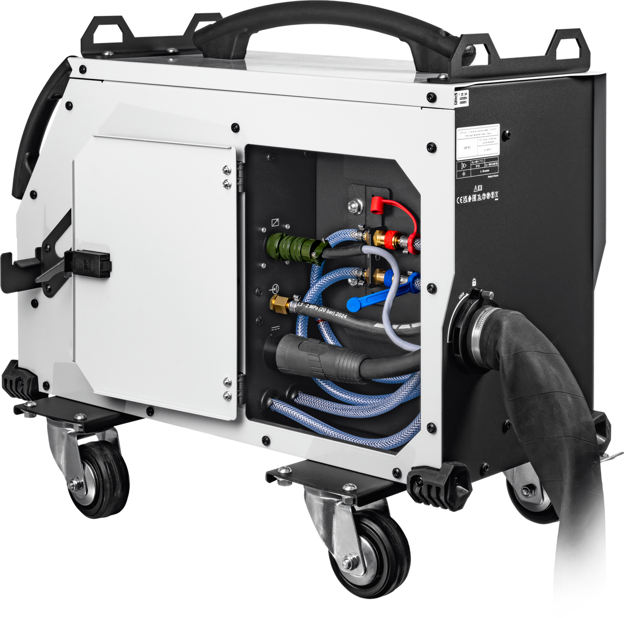 GYS WF 51 wire feed unit welding accessory on a wheeled cart, white and black housing with blue hoses.