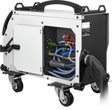 GYS WF 51 wire feed unit welding accessory on a wheeled cart, white and black housing with blue hoses.