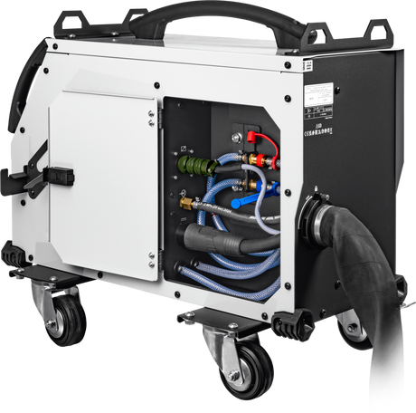 GYS WF 51 wire feed unit welding accessory on a wheeled cart, white and black housing with blue hoses.