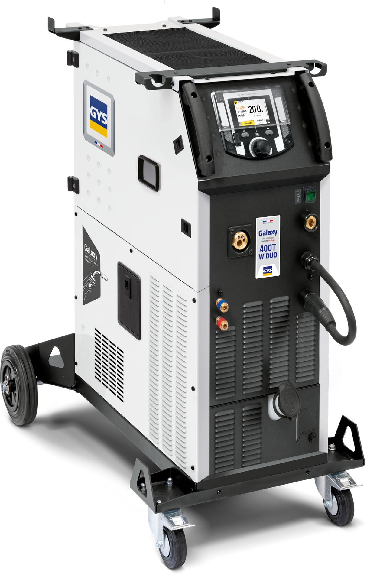 GYS Galaxy 400T W DUO welder with front control panel and wheels, white and black unit