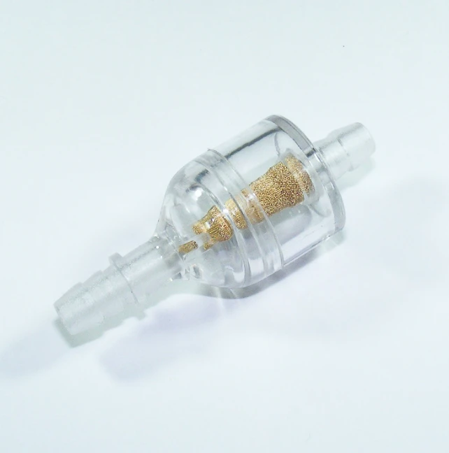 Nylon inline fuel filter, clear housing, 2in length, 1/4in fittings