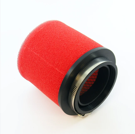 Honda ATV air filter with red foam element, black end caps and clamp; fits TRX 420/500/520 and Pioneer 500/700.