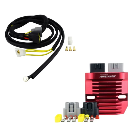 Polaris voltage regulator kit with RMSTATOR bypass harness; red anodized regulator and yellow-wire connector harness