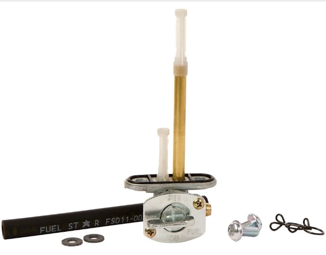 Fuel Tap Kit for Yamaha YFB250 Timberwolf ATV by ATV City; brass petcock with hose, gaskets and screws.