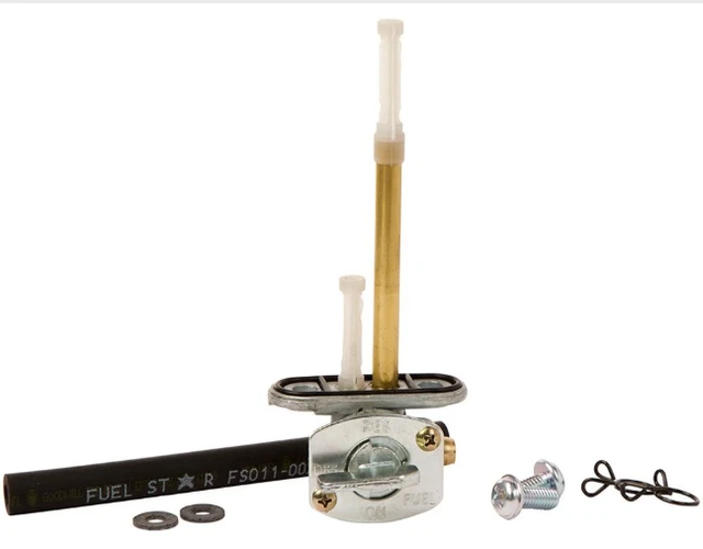 Fuel Tap Kit for Yamaha YFB250 Timberwolf ATV by ATV City; brass petcock with hose, gaskets and screws.