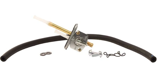 Fuel tap kit for Yamaha YFM350FW Big Bear and YFM400 Kodiak (1987–1999) with metal petcock and black hoses.