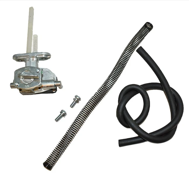Fuel Tap Kit OEM Replacement for Suzuki Quadrunner ATV; metal petcock, black hose, mounting screws