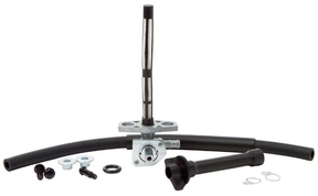 Honda TRX 350 fuel tap kit with metal valve, black hoses and clamps for 2000–2003 carburetor rebuild
