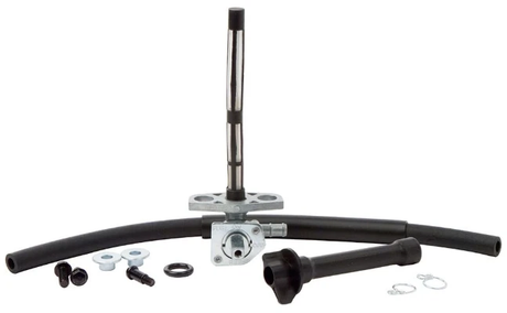 Honda TRX 350 fuel tap kit with metal valve, black hoses and clamps for 2000–2003 carburetor rebuild