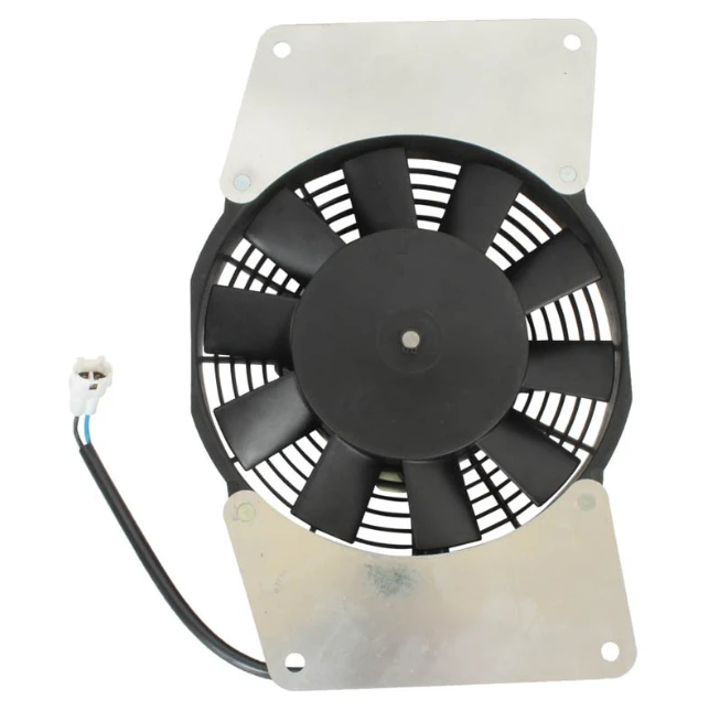 Fan motor assembly with black cooling fan and silver mounting plate for Yamaha YFM700 Grizzly ATV (2007–2008).