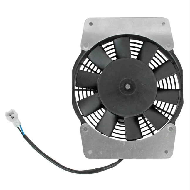 Fan Motor Assembly for Yamaha Grizzly ATV, black fan with metal mounting plate and wiring harness