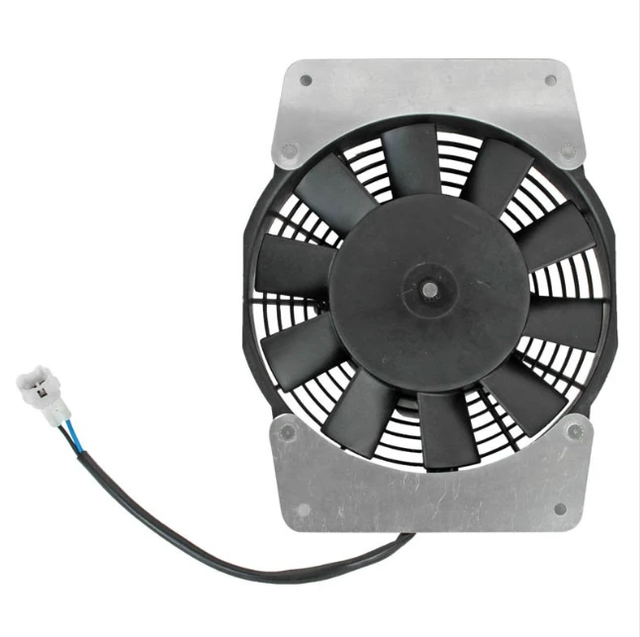 Fan Motor Assembly for Yamaha Grizzly ATV, black fan with metal mounting plate and wiring harness