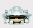 Front Left Brake Caliper, silver metal body with tan brake pad visible
