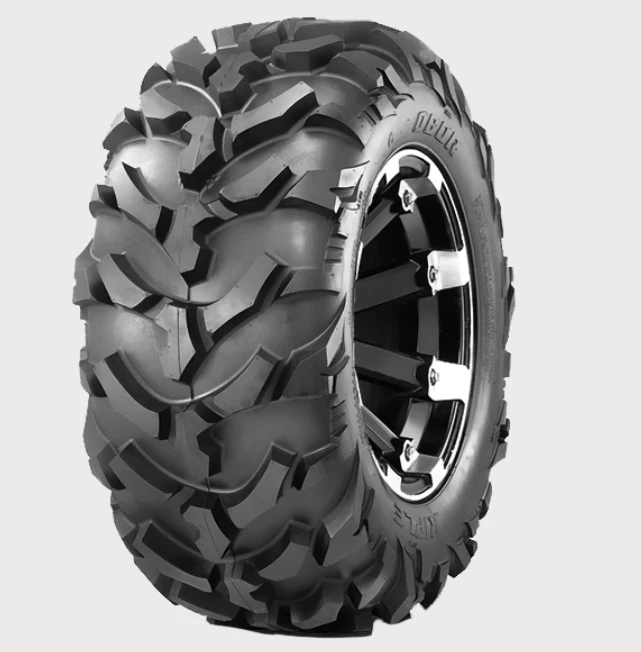 ATV tire Obor WU14 Riple 28x10x14, 6-ply mud-rut performance with aggressive knobby tread on a black rim