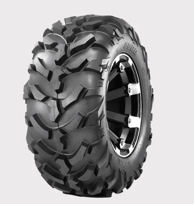 Obor 24x10x11 ATV tire, 6-ply, with aggressive mud tread on black alloy wheel