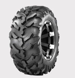 Obor 24x10x11 ATV tire, 6-ply, with aggressive mud tread on black alloy wheel