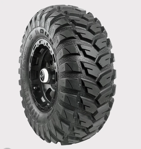 Duro Frontier DI-2037 27x11x12 ATV/UTV tire on black rim with rugged mud-terrain tread