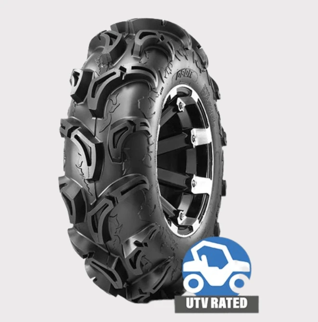 Obor 25x8x12 mud tire for ATV, 6-ply, black with aggressive tread, UTV rated
