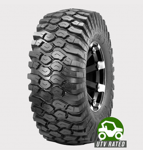 Obor P3057 crawler ATV tire 26x9R14 on wheel, 8-ply radial with deep aggressive tread, UTV rated.