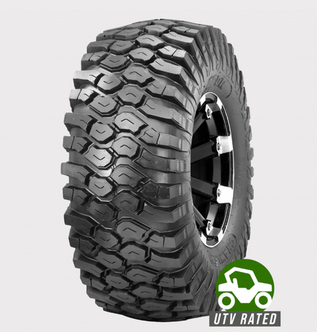 Obor P3057 crawler ATV tire 26x9R14 on wheel, 8-ply radial with deep aggressive tread, UTV rated.