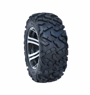 Forerunner Atlas 27x9x14 ATV tire, 6-ply bias construction with aggressive tread on a silver alloy wheel