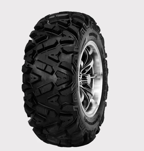 Forerunner 26x12x12 6-ply ATV tire on a silver wheel with rugged knobby tread.