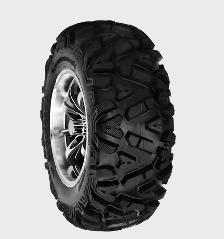 Forerunner 25x10x12 ATV tyre with aggressive all-terrain tread on chrome wheel