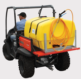 CDax Spray-On 500 sprayer on Kubota 4x4 utility ATV with yellow tank and orange hose