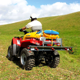 C-Dax SprayRider 50 G2 ATV spot sprayer on a red quad with a yellow 50 L tank and enhanced safety features