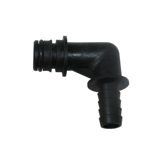 90-degree hose barb elbow, 1/2 in black plastic fuel-line fitting