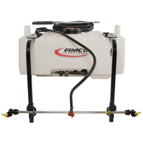 Fimco UTV sprayer 45-gallon tank on black frame with hose and boom; tank with Fimco logo and yellow nozzle tips.