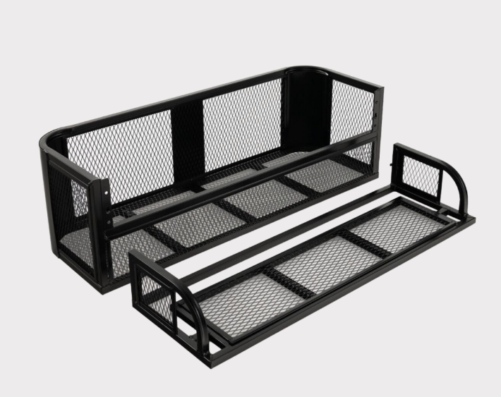 Universal ATV Rear Drop Basket, 2-piece set in black powder-coated steel with mesh panels.
