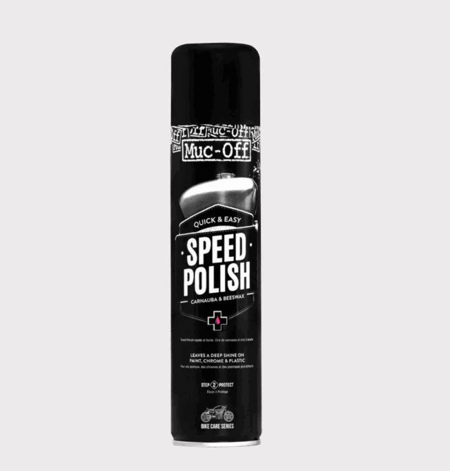 Muc-Off Speed Polish aerosol can; black can with white label, carnauba wax for motorcycle polishing.