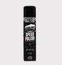 Muc-Off Speed Polish aerosol can; black can with white label, carnauba wax for motorcycle polishing.