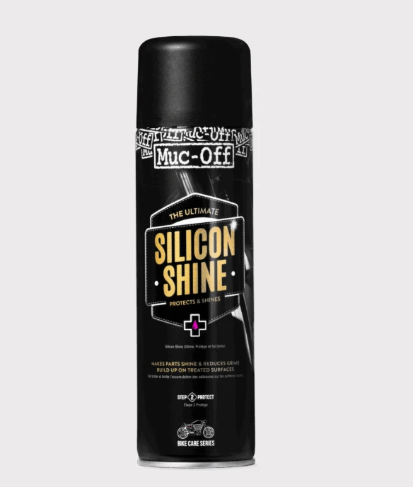 Muc-Off Silicon Shine 500ml motorcycle and ATV protectant spray; black can with yellow label