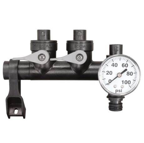 Fimco UTV Sprayer manifold with 3 outlets and PSI gauge, black plastic