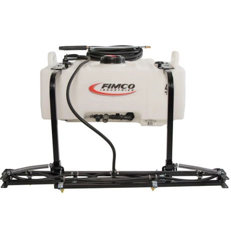 Fimco UTV Sprayer 45 Gallon with Boom; white tank on black frame with hoses and pump