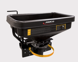 Dry material spreader by Fimco, black hopper, lawn mower accessory
