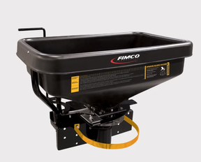Dry material spreader by Fimco, black hopper, lawn mower accessory