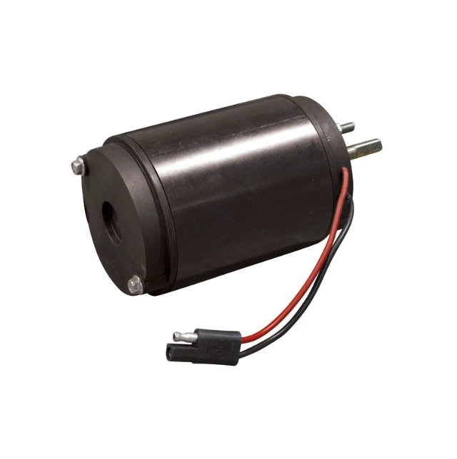 12V motor with shaft for DMS spreader, black cylindrical body with red/black wires