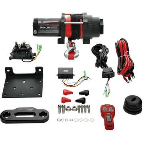 All Balls Racing 4500lb 12V ATV winch kit with black housing and synthetic rope, remote and wired switch