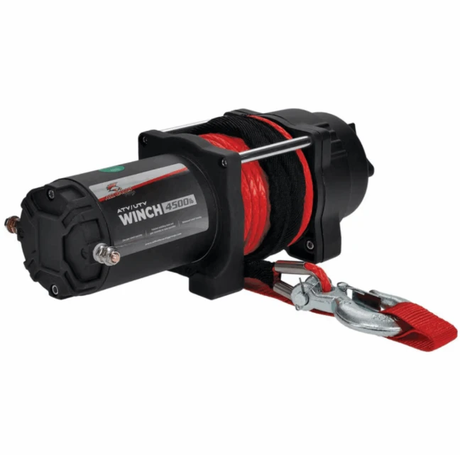 All Balls Racing 4500lb 12V ATV winch with red synthetic rope, wired switch and remote